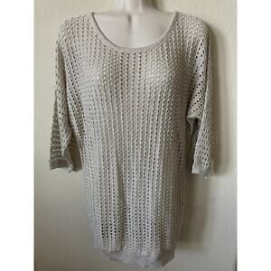 Express Gold Silver Shimmer Scoop Neck 3/4 Sleeve Open Stitch Tunic Top Size M